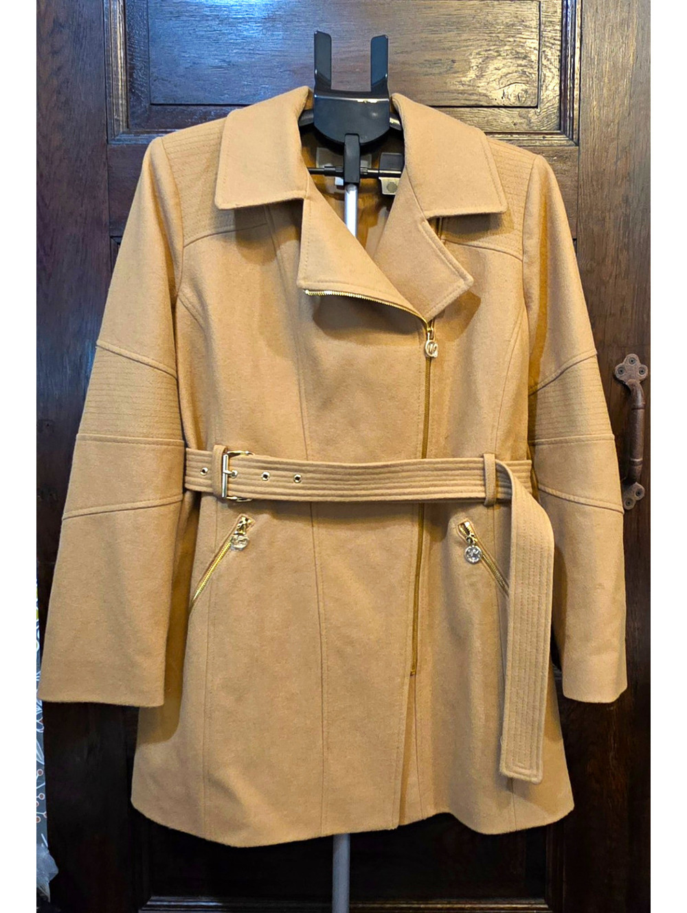 Michael Kors Women's Tan Wool Blend Belted Zip Lined Mid-Length Coat XL